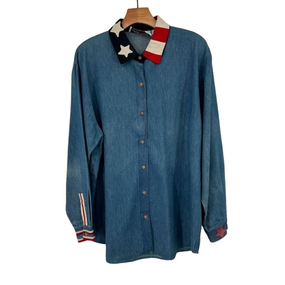 Eagle's Eye vintage Denim Button-Up Shirt size XL Patriotic Star Collar Cuffs